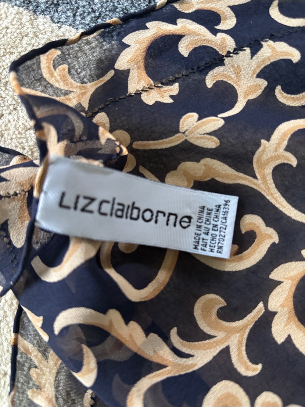Vintage Liz Claiborne Small 100% Silk Black Scarf with Tan Scroll Pattern - Picture 4 of 4